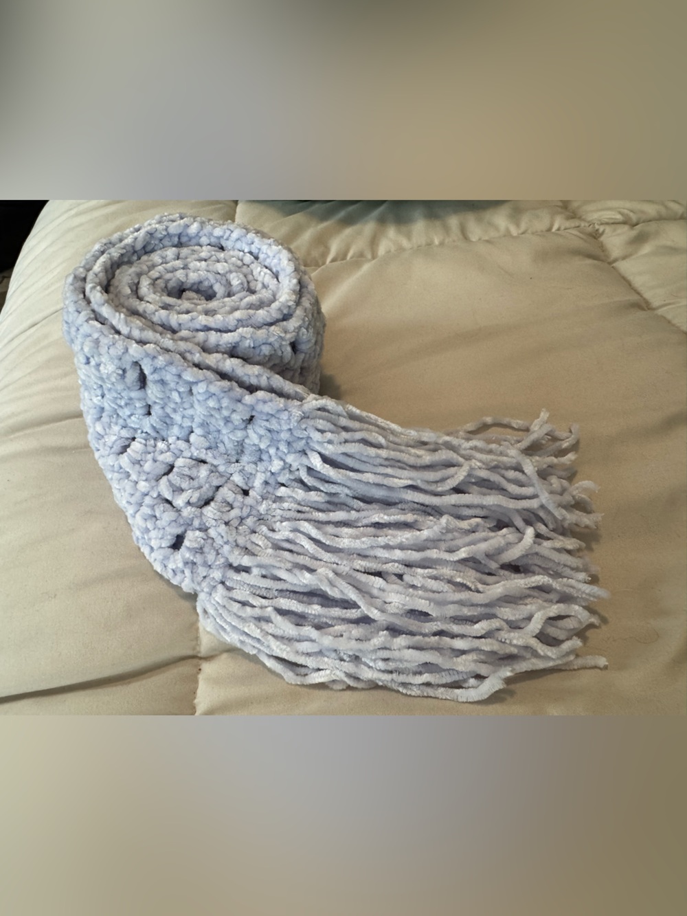 Soft Light Blue Chenille Throw with Fringe - Brand